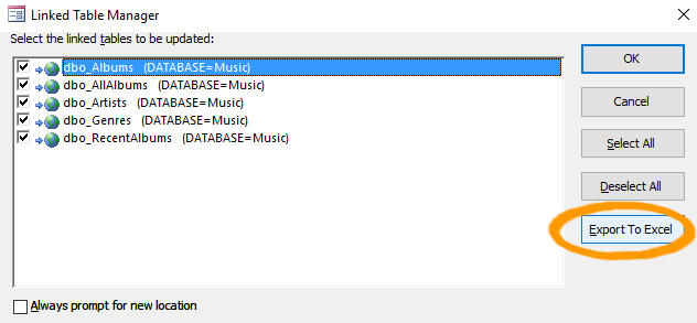 Screenshot of the Linked Table Manager