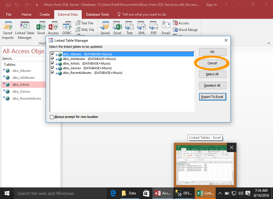 Screenshot of the Linked Table Manager