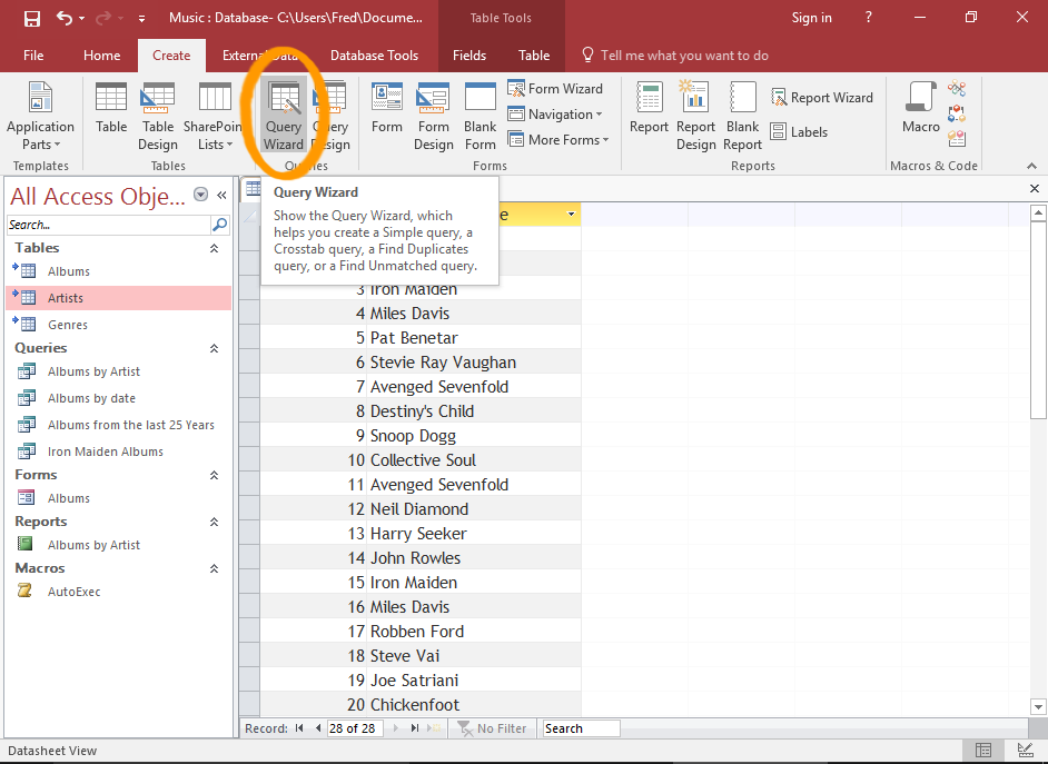 Screenshot of the Query Wizard button highlighted.