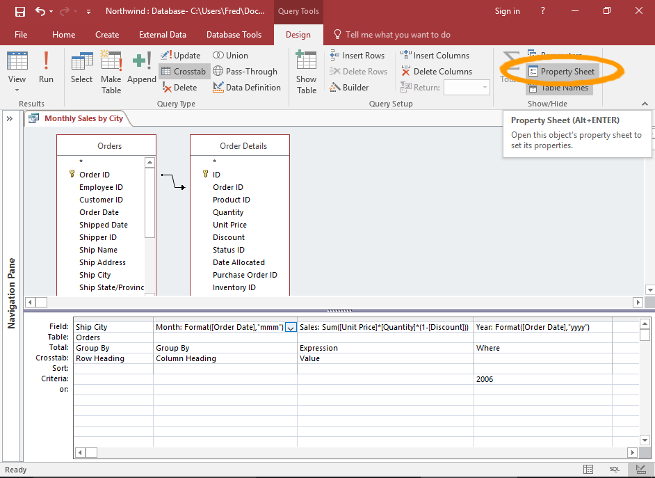 Screenshot of the query in Design View with the Property Sheet button highlighted.