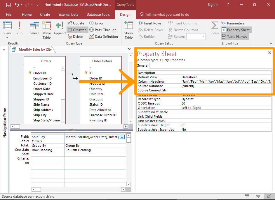 Screenshot of the Column Headers properties.