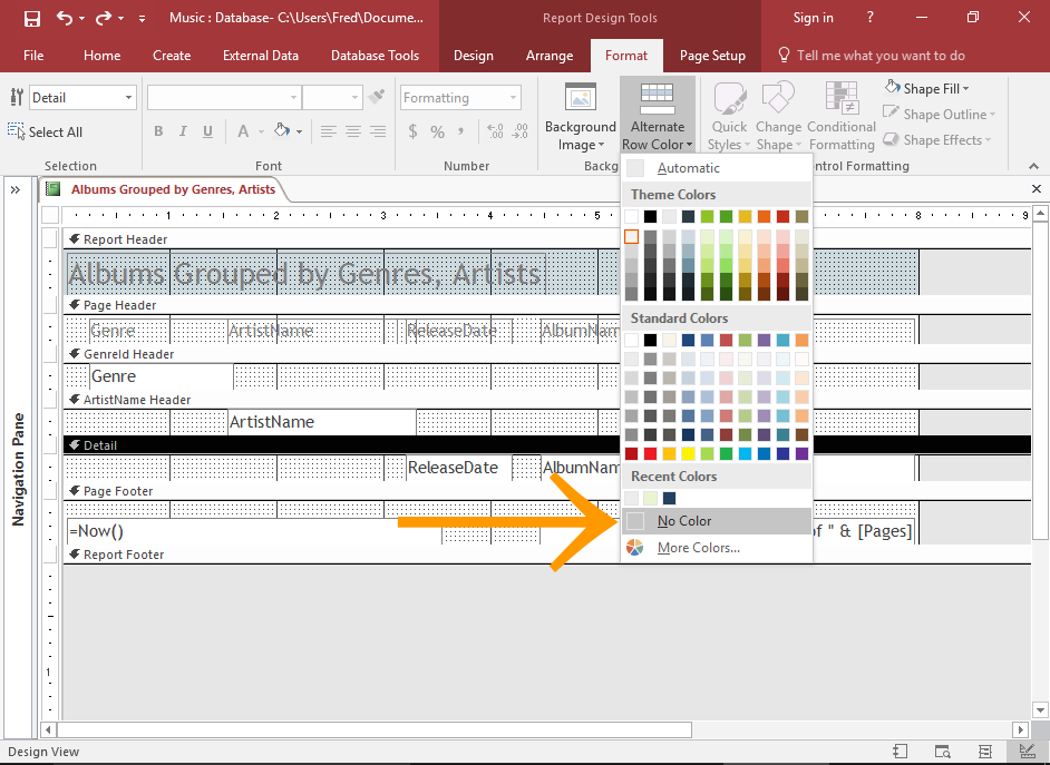 Screenshot of removing the alternating colors