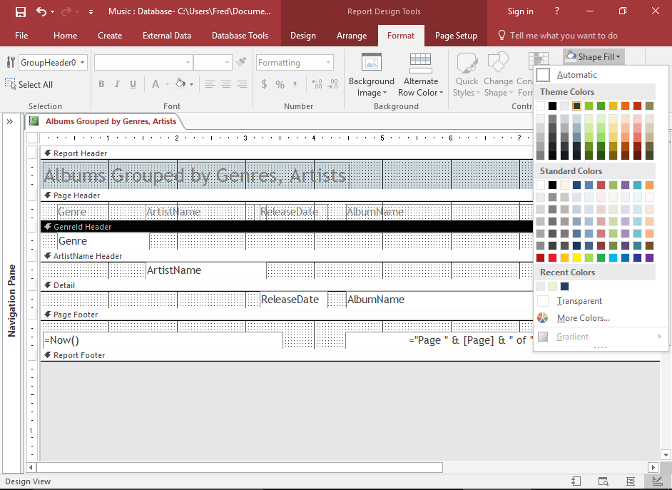 Screenshot of formatting the header