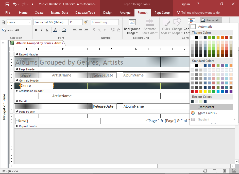 Screenshot of formatting the header