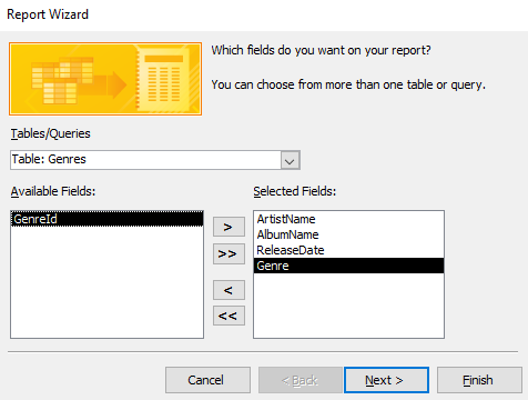 Screenshot of selecting the fields on the Report Wizard