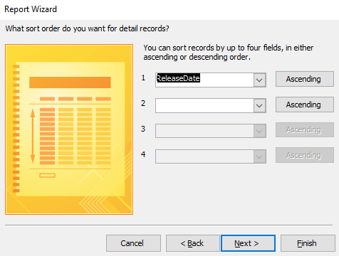 Screenshot of specifying the sort order