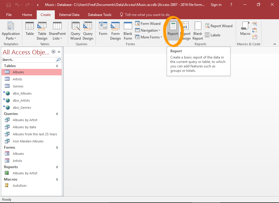 Screenshot of Access with the Report button highlighted