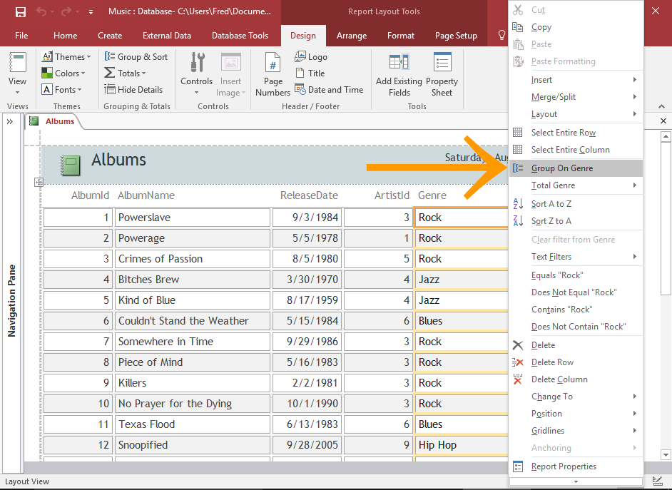 Screenshot of the report being grouped