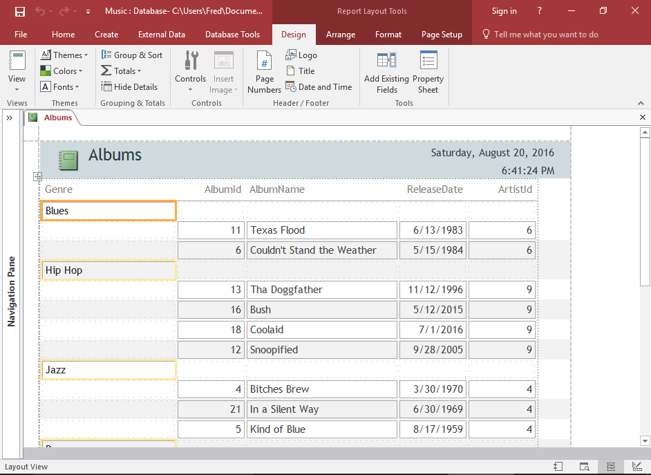 Screenshot of the grouped report