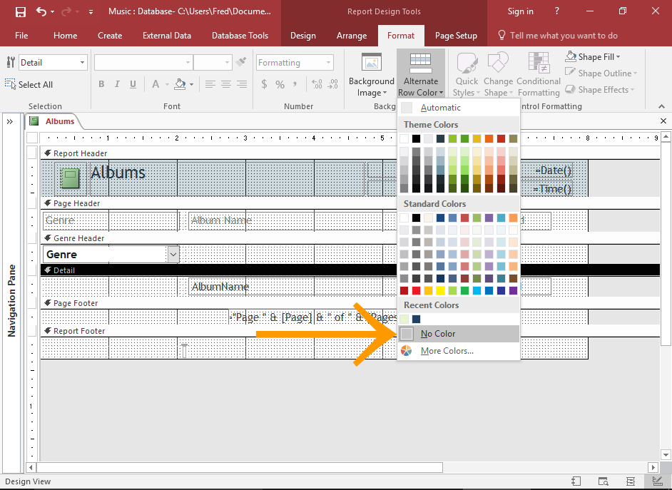 Screenshot of removing the alternating colors