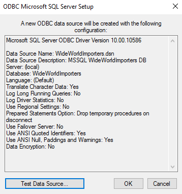 Screenshot of ODBC data source summary