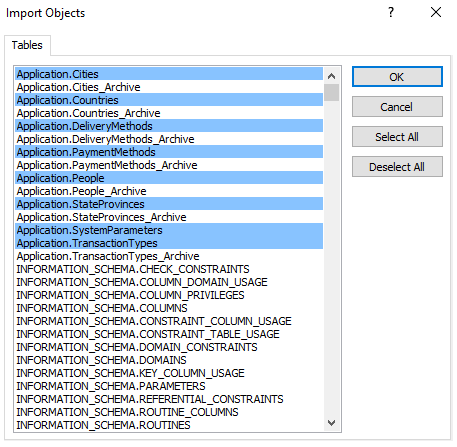 Screenshot of selecting tables and views