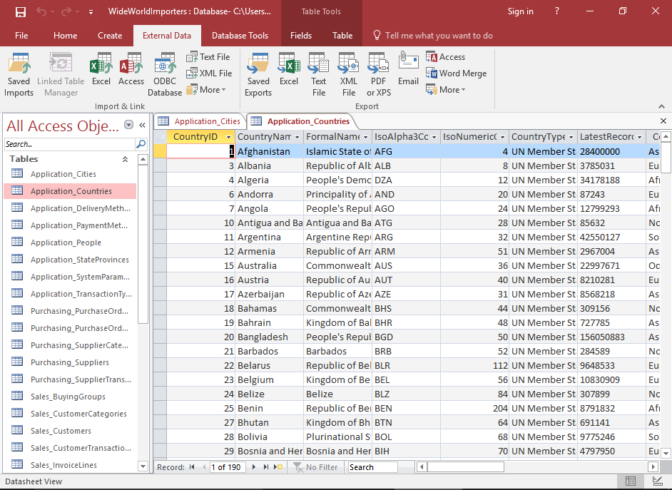 Screenshot of the database with table open
