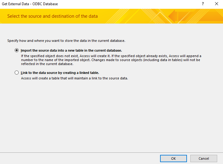 Screenshot of the Get External Data wizard