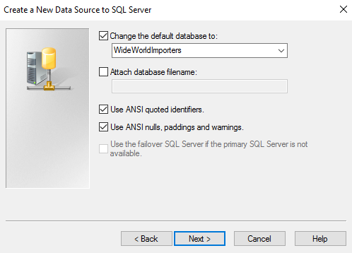 Screenshot of setting the default database