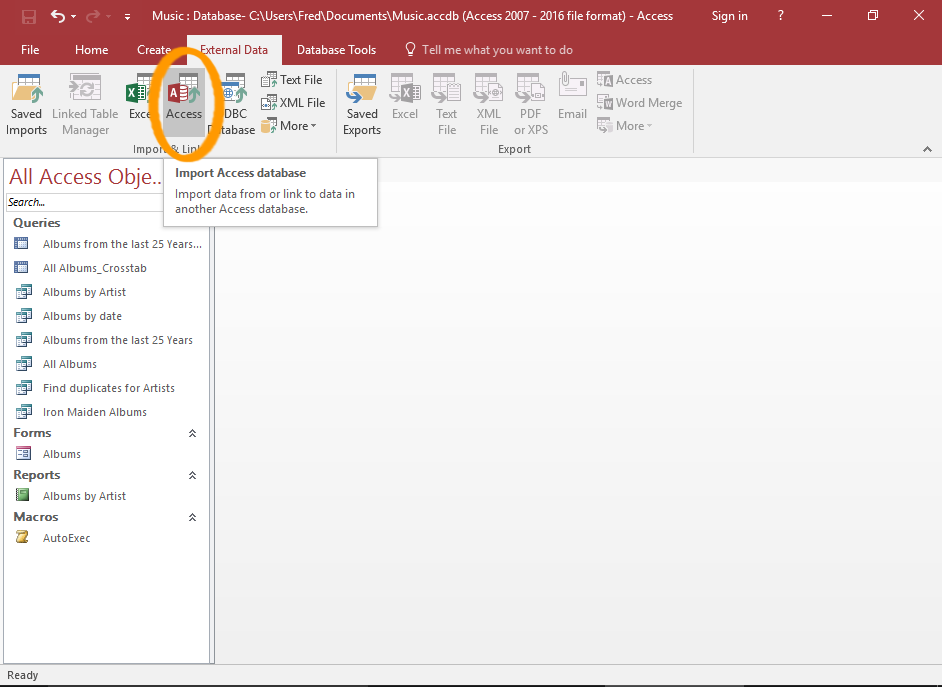 Screenshot of Access with the Import Access Database button highlighted