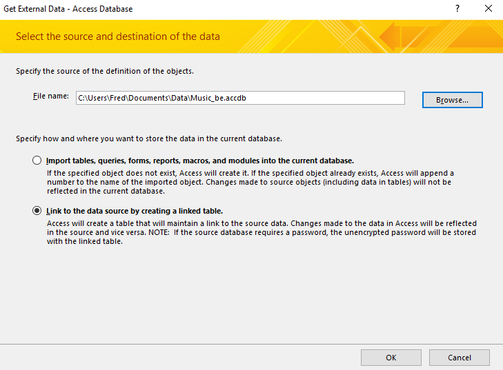 Screenshot of the Get External Data wizard