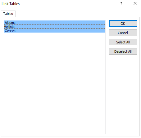 Screenshot of the selecting the tables