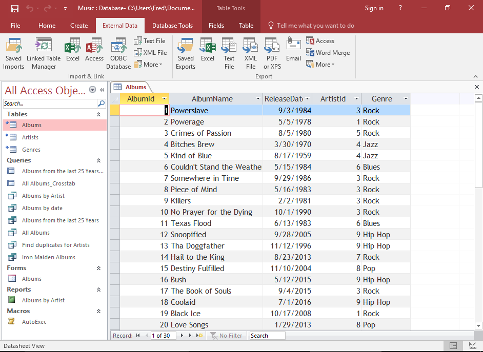 Screenshot of the database with a table open