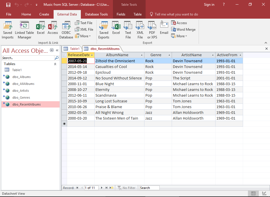 Screenshot of the database with a linked table open