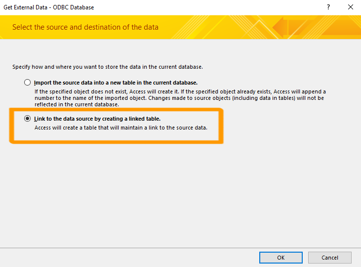 Screenshot of the Get External Data wizard