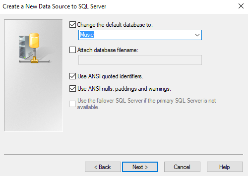 Screenshot of setting the default database