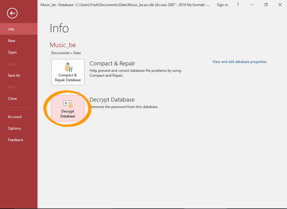 Screenshot of the Info menu