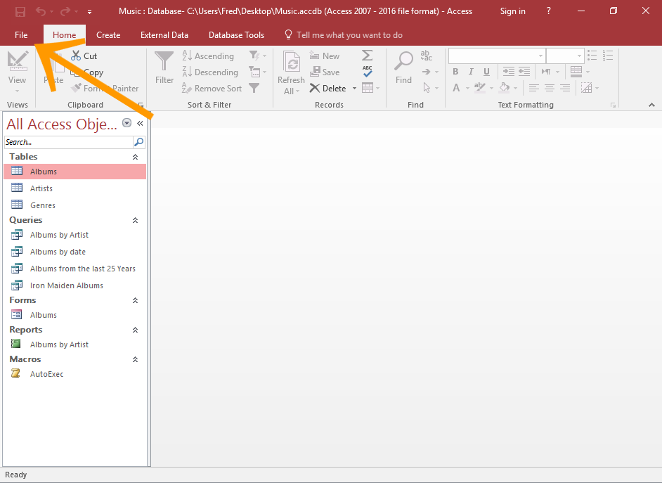 Screenshot of Access with the File menu highlighted