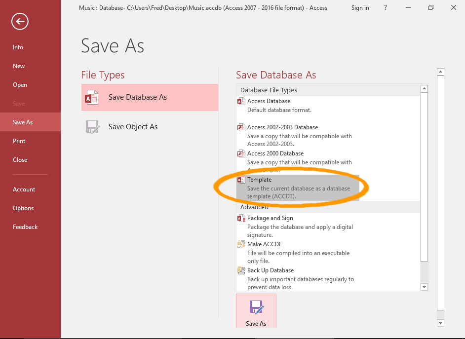 Screenshot of the saving the database
