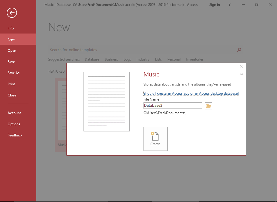 Screenshot of naming the database