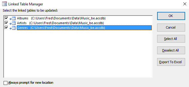 Screenshot of the Linked Table Manager