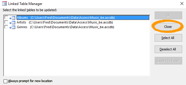 Screenshot of the Linked Table Manager