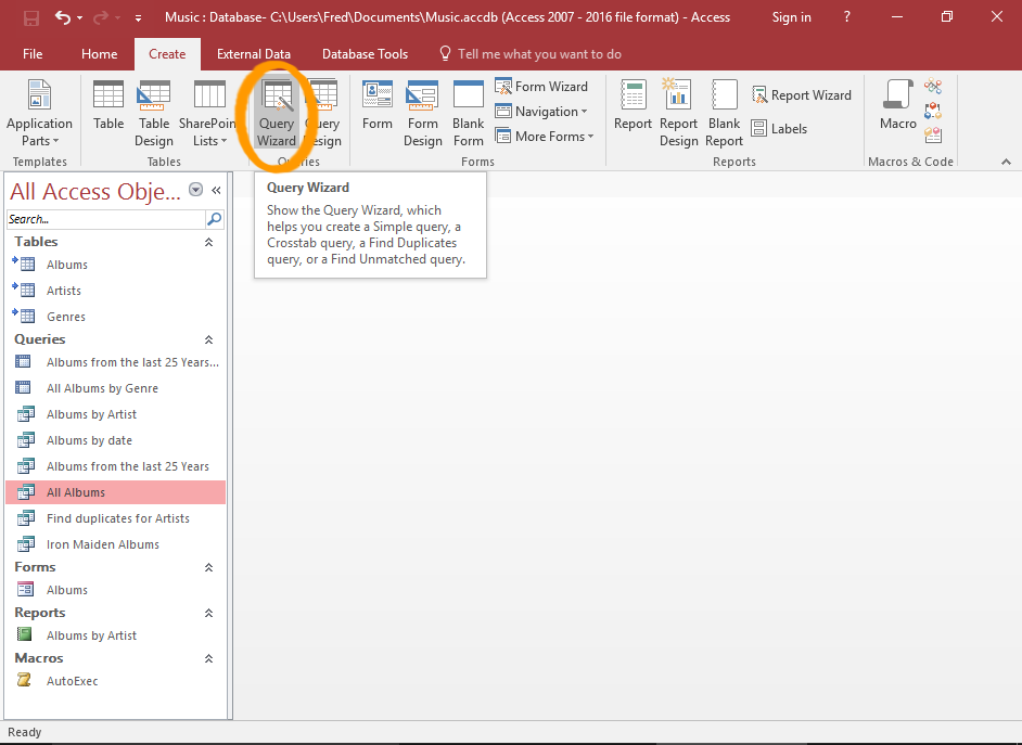 Screenshot of the Query Wizard button highlighted.
