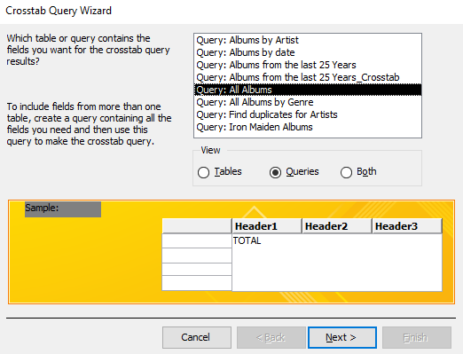 Screenshot of the Crosstab Query Wizard.