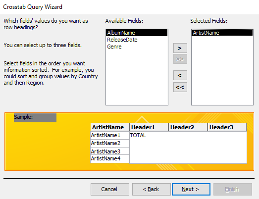 Screenshot of the Crosstab Query Wizard.