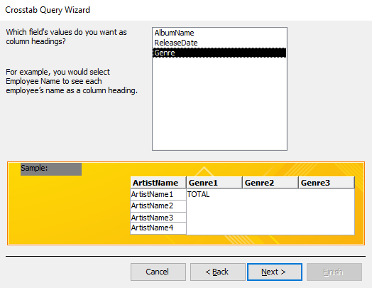 Screenshot of the Crosstab Query Wizard.