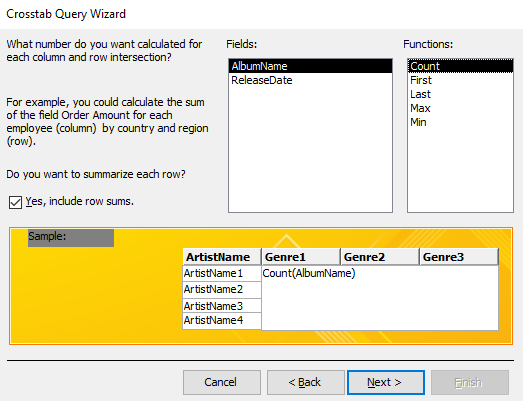 Screenshot of the Crosstab Query Wizard.