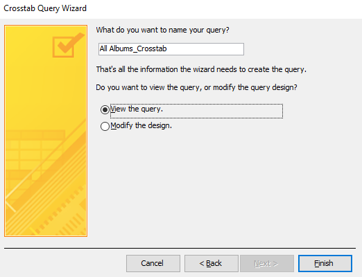 Screenshot of the Crosstab Query Wizard.