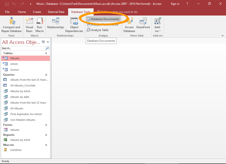 Screenshot of Access with the Database Documenter button highlighted.