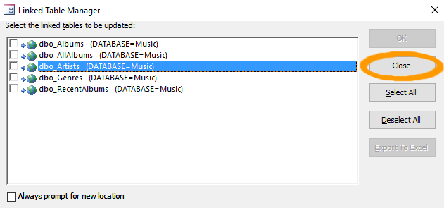 Screenshot of the Linked Table Manager