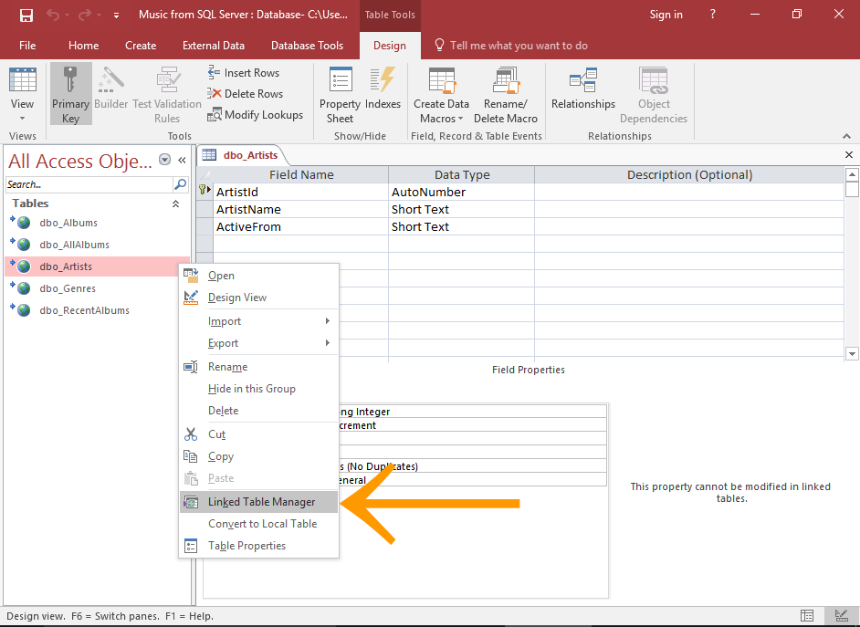 Screenshot of the Linked Table Manager option