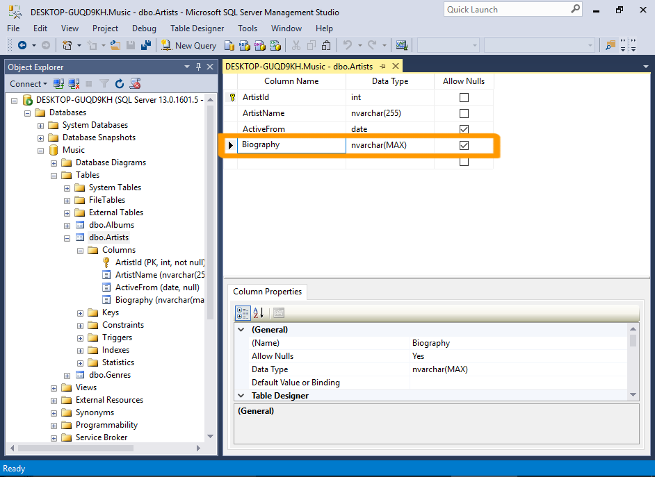 Screenshot of SQL Server with the new column