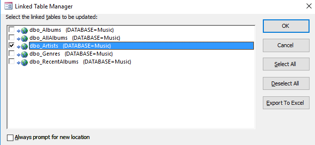 Screenshot of the Linked Table Manager