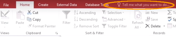 Screenshot of the Microsoft Access 2016 Tell Me box