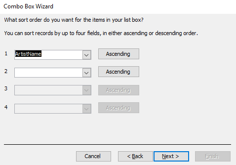 Screenshot of the Combo Box Wizard.