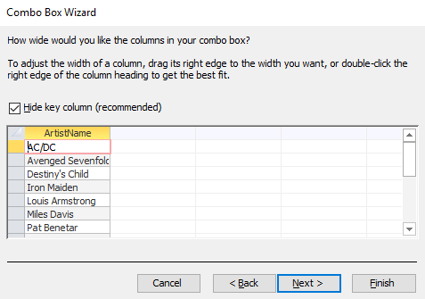 Screenshot of the Combo Box Wizard.