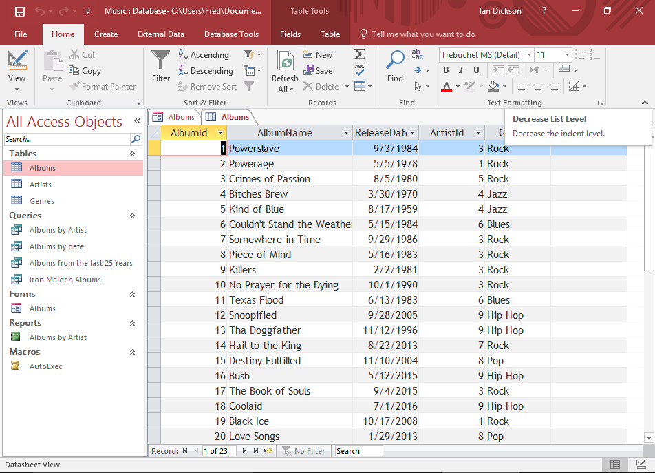 Screenshot of the restored database.