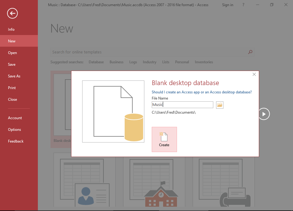 Screenshot of providing a database name