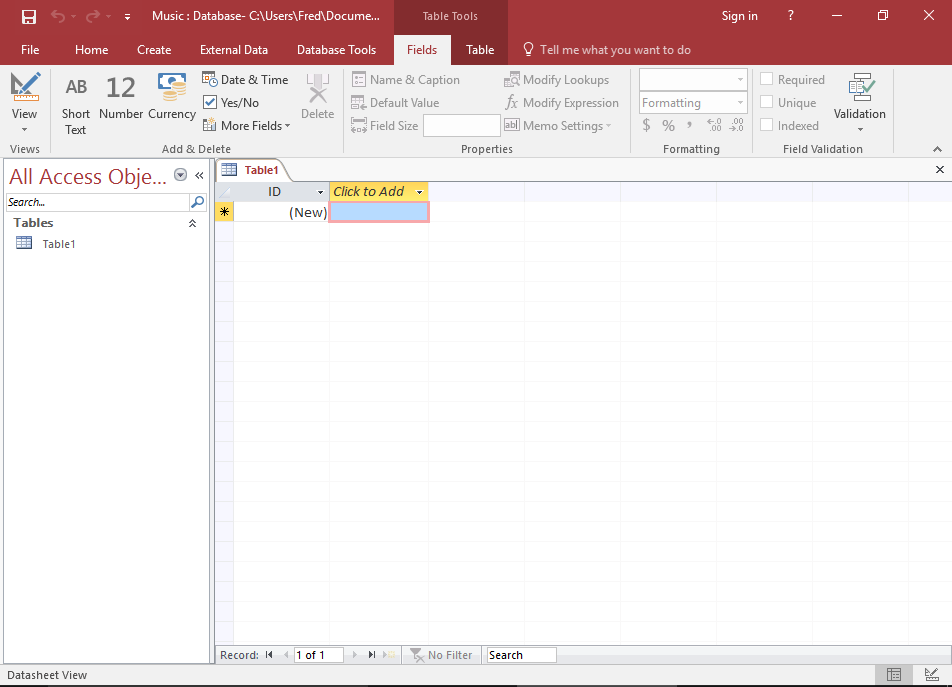 Screenshot of blank database with a table