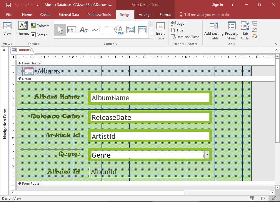 Screenshot of the Form in Design View.